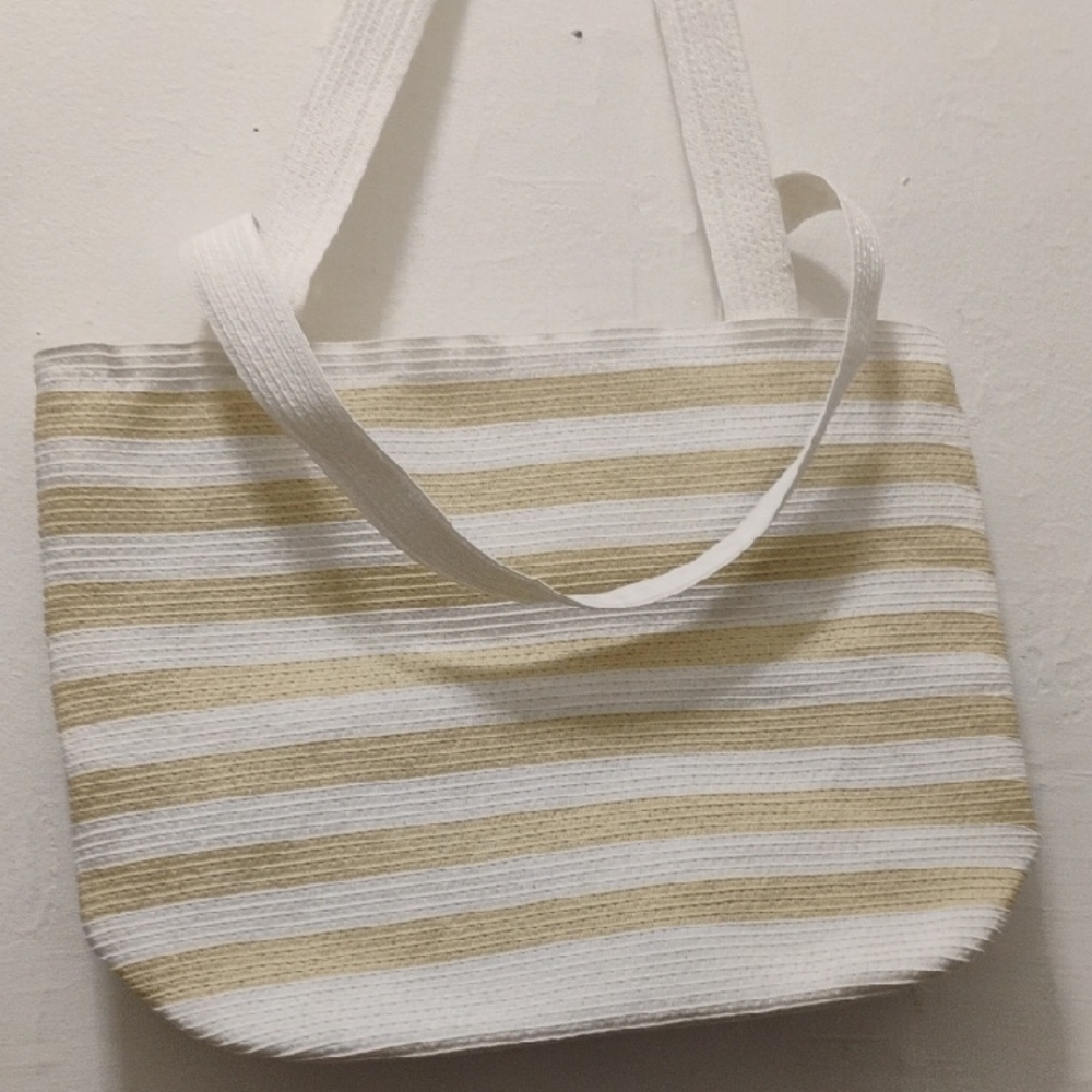 Denim&Co White and Tan Striped Tote